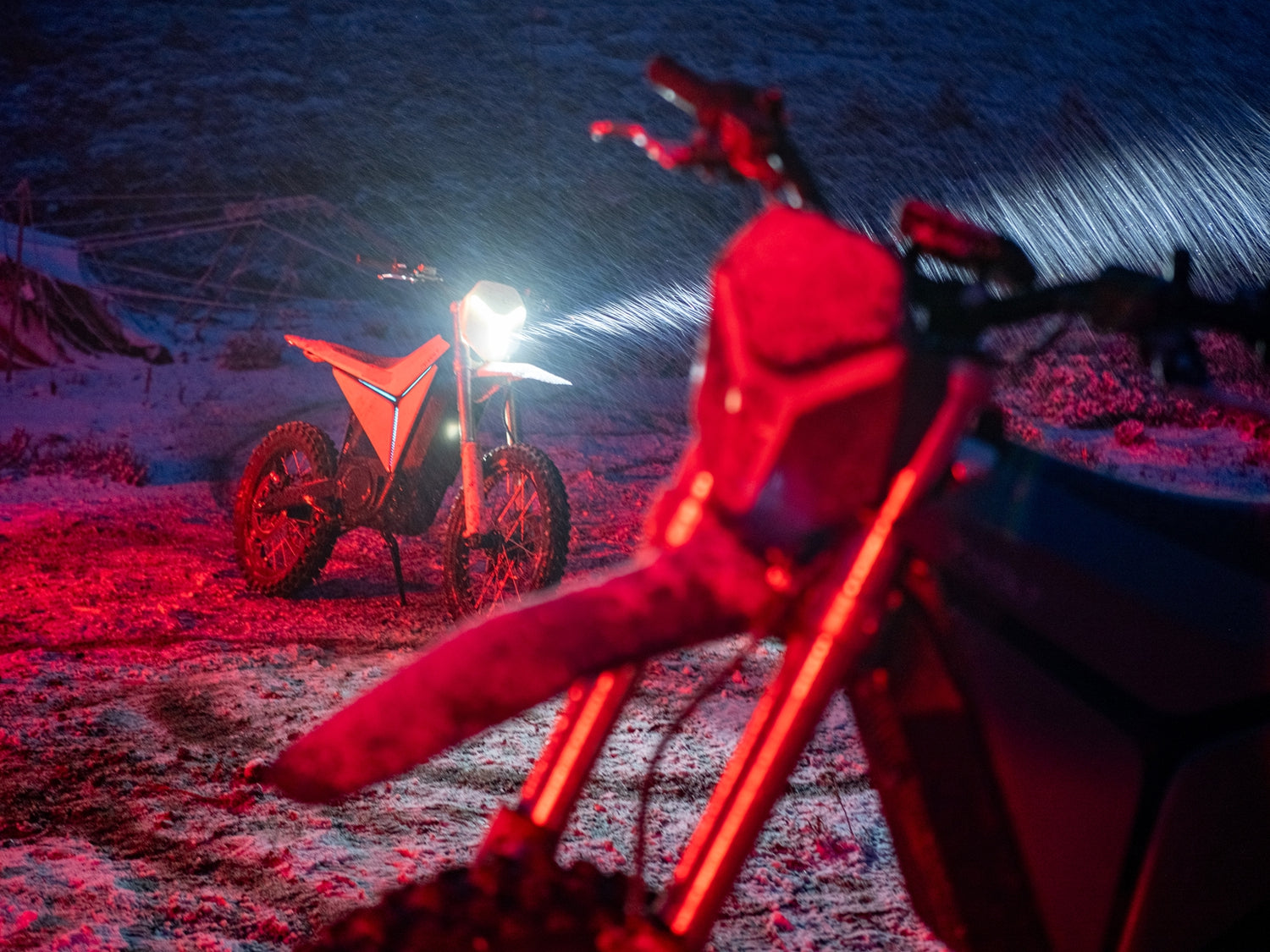 Surge V at night in falling snow